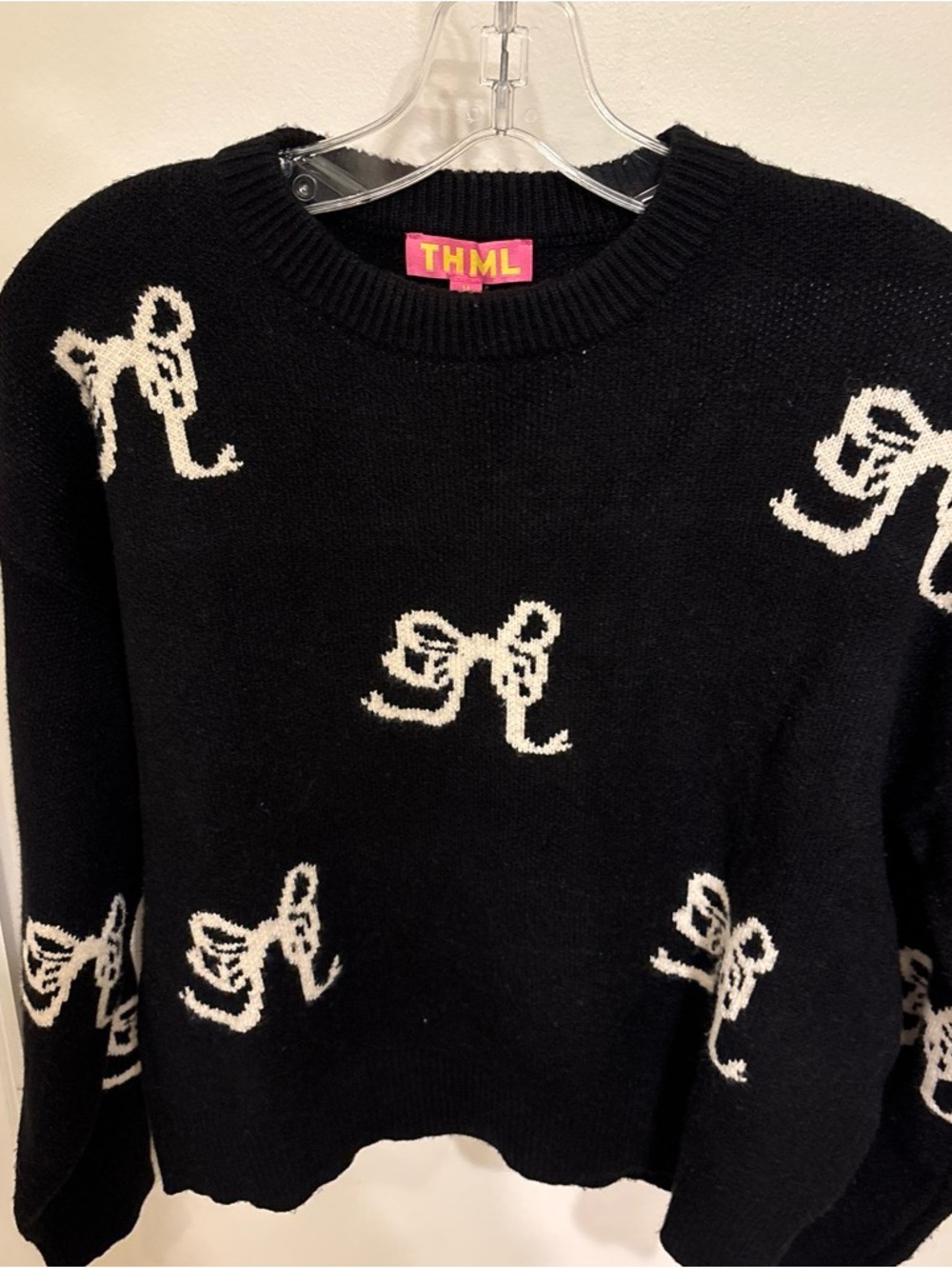 THML Black Crewneck Sweater with White Bow Motif